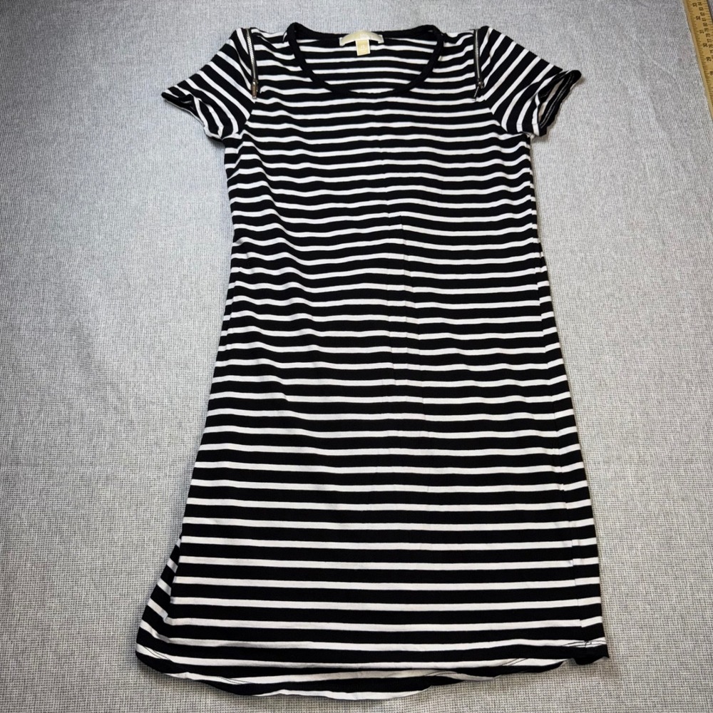 Michael Kors Black White Striped T-Shirt Dress XS Zipper Shoulder Short Sleeve